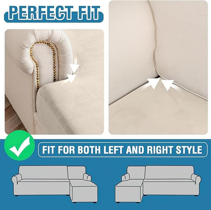 Couch Cover 4-Piece Elastic Velvet Couch Cushion Covers & Chaise Slipcovers for L-Shaped Sofas - Sofa Seat Covers Washable, Soft Protector for Couches (3 Seater + Chaise, Ivory)