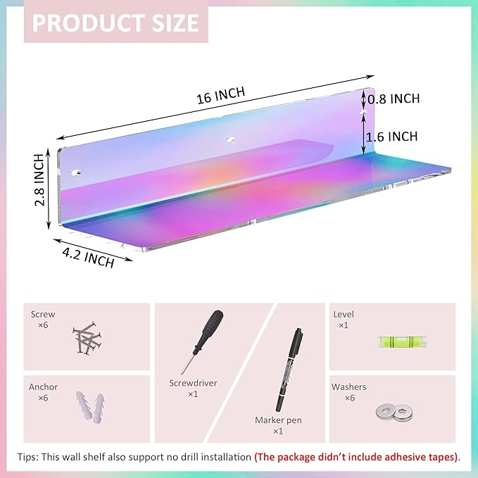 Sezanrpt 16 Inches Iridescent Acrylic Shelves, Wall Mounted Organizer Shelves for Bedroom, Clear Wall Storage Shelves for Cosmetics, Skincare, Router, Doll, Toiletries, Helmets, 2 Pack