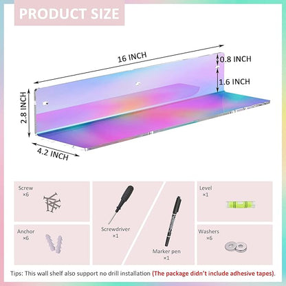 Sezanrpt 16 Inches Iridescent Acrylic Shelves, Wall Mounted Organizer Shelves for Bedroom, Clear Wall Storage Shelves for Cosmetics, Skincare, Router, Doll, Toiletries, Helmets, 2 Pack