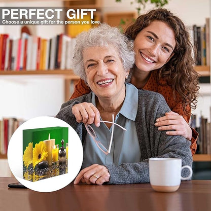 Square Desktop Ornaments Sunflower,Candles Pebble on The Water Acrylic Appreciation Presents for Coworkers - Supervisor Presents for Women - Thank You Teacher Presents