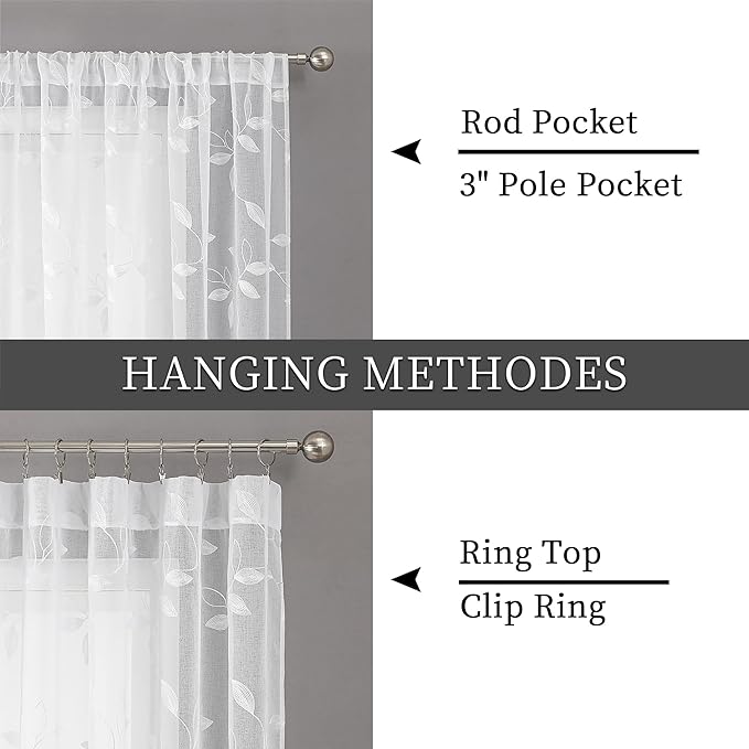 Tollpiz White Leaf Sheer Curtain Leaves Embroidered Bedroom Curtains Rod Pocket Voile Window Treatments for Living Room, 38 x 63 inches Long, Set of 2 Panels