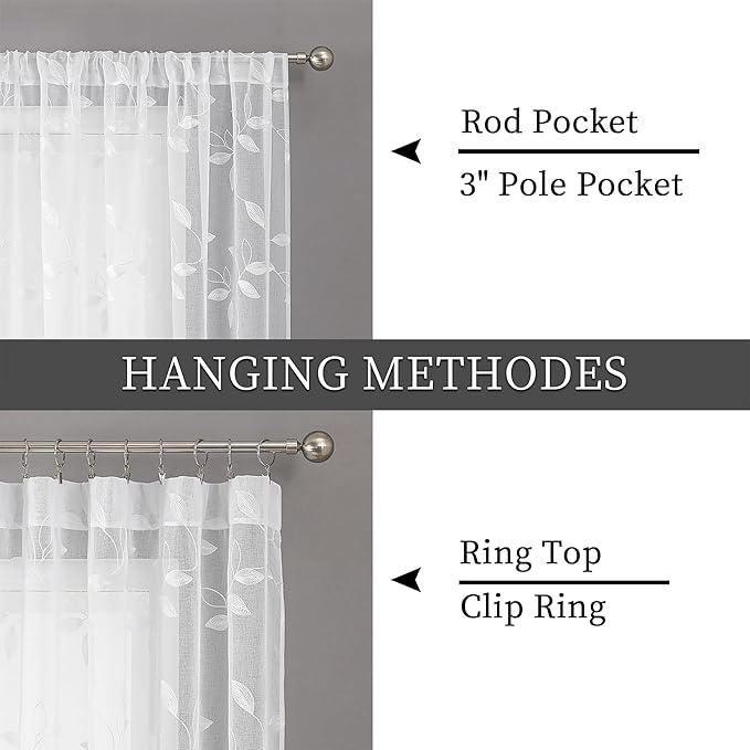 Tollpiz White Leaf Sheer Tier Curtains Short Kitchen Leaves Embroidered Curtain Rod Pocket Voile Bathroom Window Treatments for Farmhouse, 30 x 30 inches Long, Set of 2 Panels
