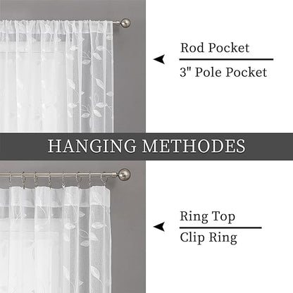 Tollpiz White Leaf Sheer Tier Curtain Leaves Embroidered Kitchen Curtains Rod Pocket Voile Bathroom Window Treatment for Cafe, 30 x 36 inches Long, Set of 2 Panels