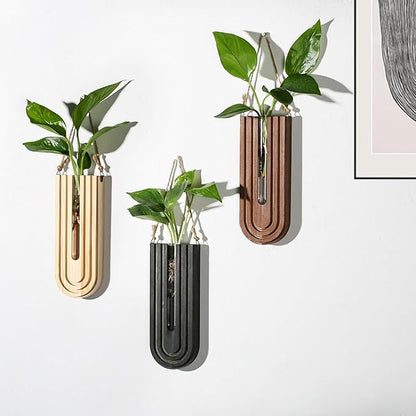 Indoor Wood Wall Planter Set of 3 for Plants - Boho Handmade Hanging Propagation Station with Curved Rainbow Design, Wall Mounted Vase for Flowers, Natural Home Decor Living Room Entryway