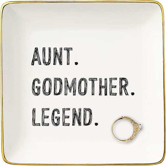 NZY Mother's Day,Baptismal,Christmas Gifts-Aunt Godmother Appreciated Present-Auntie Thank You Present-Baby Gift Shower-Jewelry Tray Trinket Holder Ring Dish-Aunt Godmother Legend