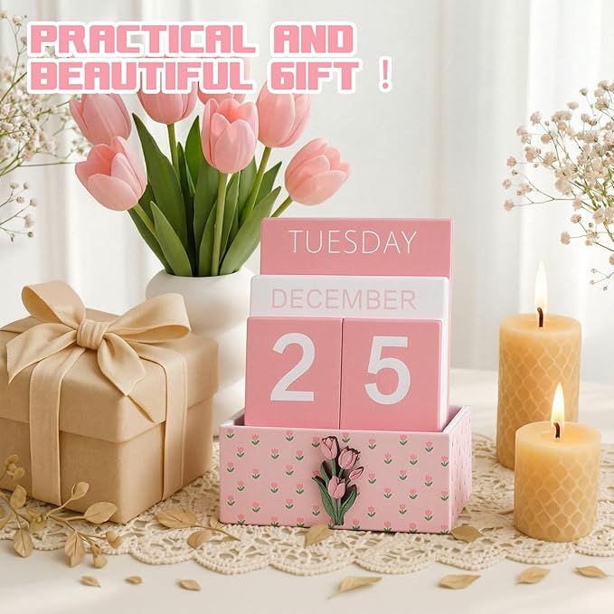 Pink Tulip Wood Block Perpetual Calendar Coquettish Desk Decor Cute Month Week Date Display Decorative Block Calendar for Women Office Home Desk Gift for Women