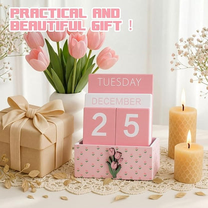 Pink Tulip Wood Block Perpetual Calendar Coquettish Desk Decor Cute Month Week Date Display Decorative Block Calendar for Women Office Home Desk Gift for Women