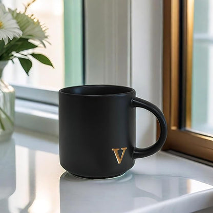 COLLECTIVE HOME - Black Monogram Ceramic Mugs, 15 oz Golden Initial Coffee Cups, Elegant Alphabet Tea Mugs, Personalized Halloween Mug with Gift Box, Perfect for Office and Home Décor (v)