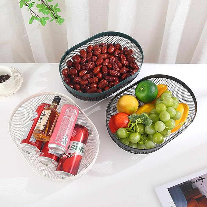 Metal Mesh Steel Basket, Oval Metal Wire Storage Organizer Baskets Multi Functional Kitchen Baskets Countertop Fruit Baskets Garden Harvest Basket for Kitchen Picnic Decor Cabinet Home, White