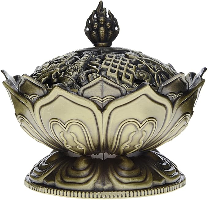 Saim Vintage Lotus Incense Burner Holder,Chinese Buddha Alloy Metal Incense Burner Incense Holder Handmade Censer Bowl Buddhist Decor, Home Decoration-Large-Bronze