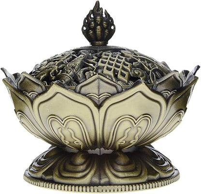 Saim Vintage Lotus Incense Burner Holder,Chinese Buddha Alloy Metal Incense Burner Incense Holder Handmade Censer Bowl Buddhist Decor, Home Decoration-Large-Bronze