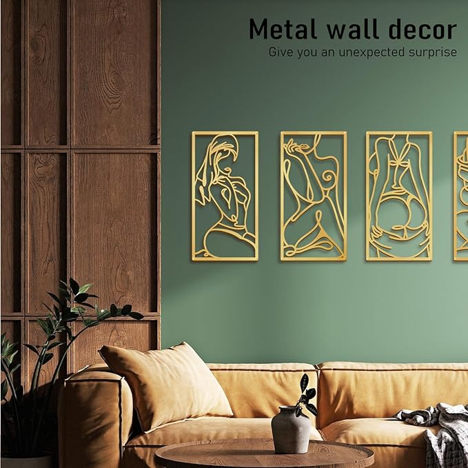 Bakovity Gold Metal Bathroom Wall Art Minimalist Line Art Wall Decor Gold Abstract Modern Wall Decor for Bathroom Living Room Bedroom (4 Pcs,17 x 9 in)