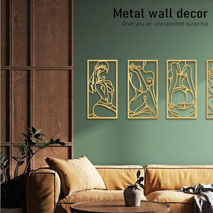 Bakovity Gold Metal Bathroom Wall Art Minimalist Line Art Wall Decor Gold Abstract Modern Wall Decor for Bathroom Living Room Bedroom (4 Pcs,17 x 9 in)