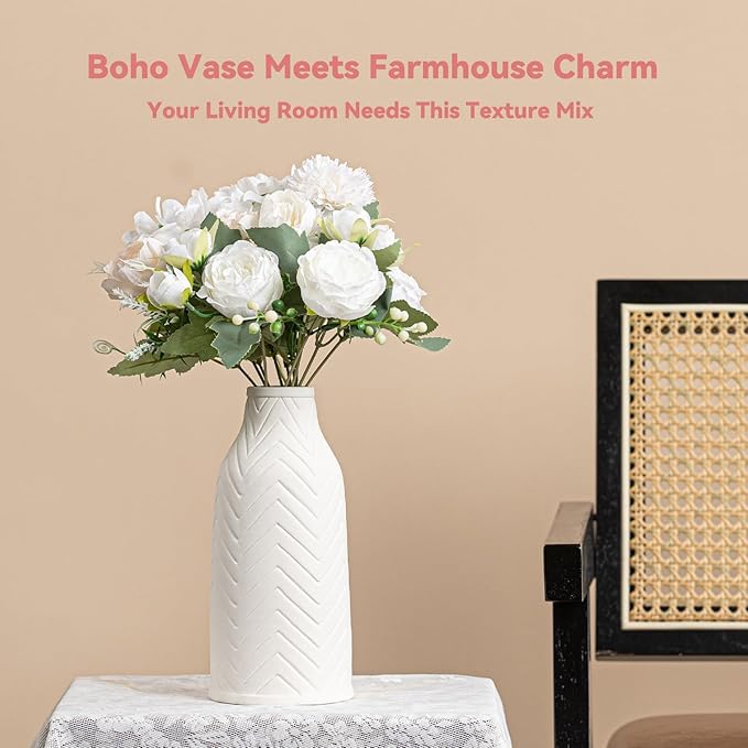White Ceramic Vase with Chevron Texture - 8.6" Unique Flower Vase for Pampas Grass & Centerpieces, Decorative Boho/Farmhouse Vase for Living Room, Office Desk & Housewarming Gift (for Her/Yourself)