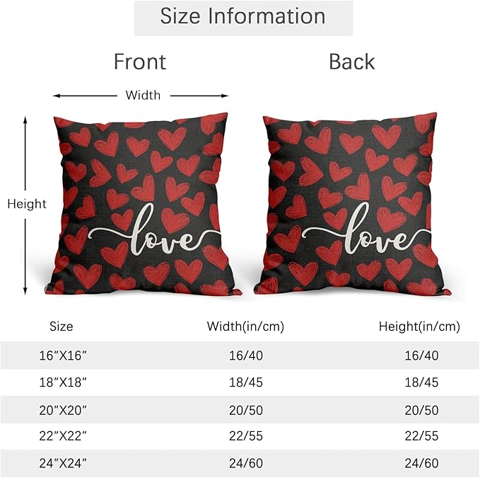 Valentines Day Pillow Covers 18x18 Set of 2 Black Heart Throw Pillow Covers Love Pillowcase Linen Decoration Farmhouse Holiday Cozy Soft Cushion Case Couch for Indoor Outdoor Home Decor
