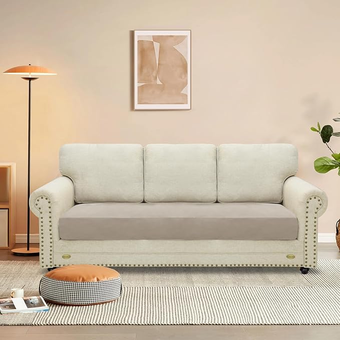 MAXIJIN Velvet Stretch Couch Cushion Covers Soft Sofa Cushion Cover Replacement Sofa Seat Cushion Slipcovers Furniture Protector with Elastic Bottom (1 Piece Sofa Cushion Cover, Khaki)