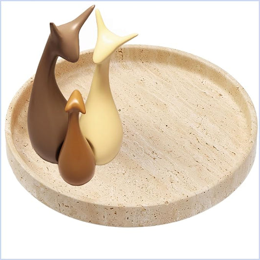 Natural Travertine Vanity Tray – Round Beige Marble Tray for Bathroom, Jewelry, Candle, Perfume, Nightstand & Kitchen Decor, 10 Inch Wabi-sabi Style Decorative Stone Catchall Organizer