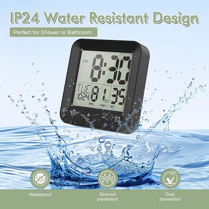 Waterproof Shower Clock, Digital Bathroom Kitchen Wall Clock Timer with Temperature, Touch Screen, Suction, Hanging Hole, Battery Operated, Black