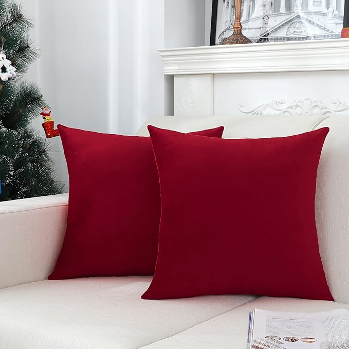 Jeneoo Comfy Soft Velvet Throw Pillow Cases for Sofa Couch, Decorative Solid Square Cushion Covers for Bedroom Car (Santa Red, 20 x 20 Inches, 2 Pieces)