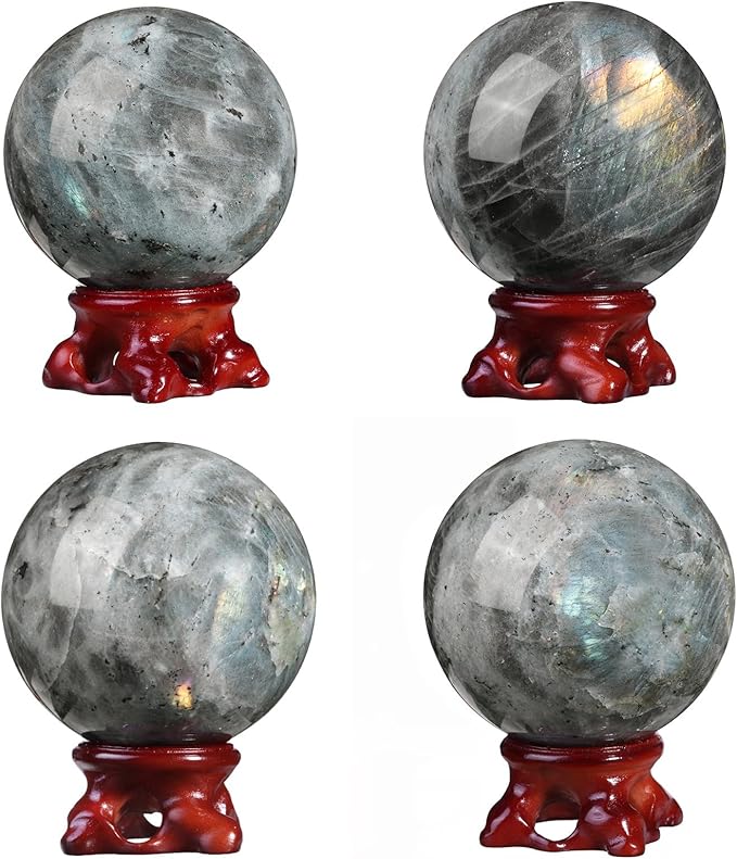 moonsix Natural Labradorite Crystal Sphere with Resin Stand Healing Energy Stone Decorative Ball Sculpture for Home Office Tabletop, 61-70 mm