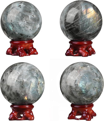 moonsix Natural Labradorite Crystal Sphere with Resin Stand Healing Energy Stone Decorative Ball Sculpture for Home Office Tabletop, 61-70 mm