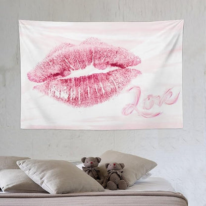 Smacget Pink Lips Tapestry for Teen Girl Women Bedroom Small Sexy Kissing Lover Lipstick Marks Tapestry Coquette Valentine Red Lips Decor Aesthetic Art Wall Hanging for Living Room Dorm 40" x 28"