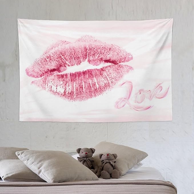 Smacget Pink Lips Tapestry for Teen Girl Women Bedroom Small Sexy Kissing Lover Lipstick Marks Tapestry Coquette Valentine Red Lips Decor Aesthetic Art Wall Hanging for Living Room Dorm 60" x 40"