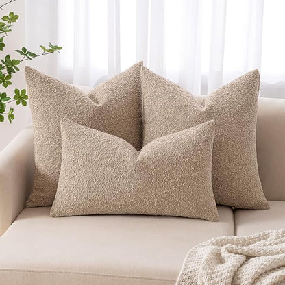 MIULEE 20x20 Inch Decorative Pillow Covers for Couch Bed Set of 2 Textured Boucle Neutral Winter Throw Pillows Khaki Accent Solid Cushion Pillowcases Sofa Livingroom Home Decor