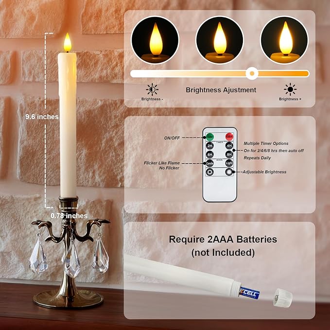 Homemory Real Wax Flameless Taper Candles with Remote Timer, 9.6 Inches White LED Flameless Candlesticks, Dripless Battery Operated Window Candles Flickering Pack of 2 for Fireplace Xmas Halloween