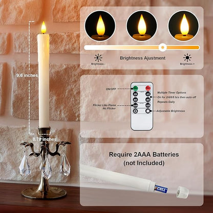 Homemory Real Wax Flameless Taper Candles with Remote Timer, 9.6 Inches White LED Flameless Candlesticks, Dripless Battery Operated Window Candles Flickering Pack of 2 for Fireplace Xmas Halloween