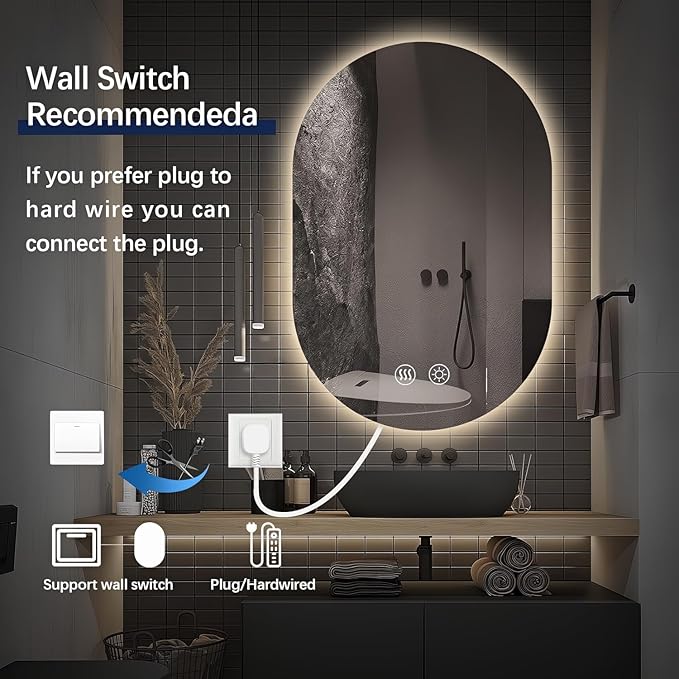 Niccy Oval LED Bathroom Vanity Mirror, 48x24inch Frameless Backlit Mirror with Light, Smart Anti-Fog Waterproof Mirror with Memory Function Dimmable Lighted Mirror