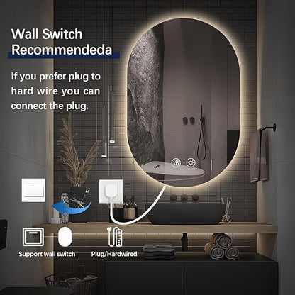 Niccy Oval LED Bathroom Vanity Mirror, 36x22inch Frameless Backlit Mirror with Light, Smart Anti-Fog Waterproof Mirror with Memory Function Dimmable Lighted Mirror