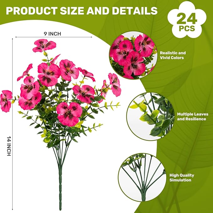 Artificial Flowers, 24 Bundles, Decorative Bouquets for Home, Wedding, Garden, Office Decor (Dark Pink)