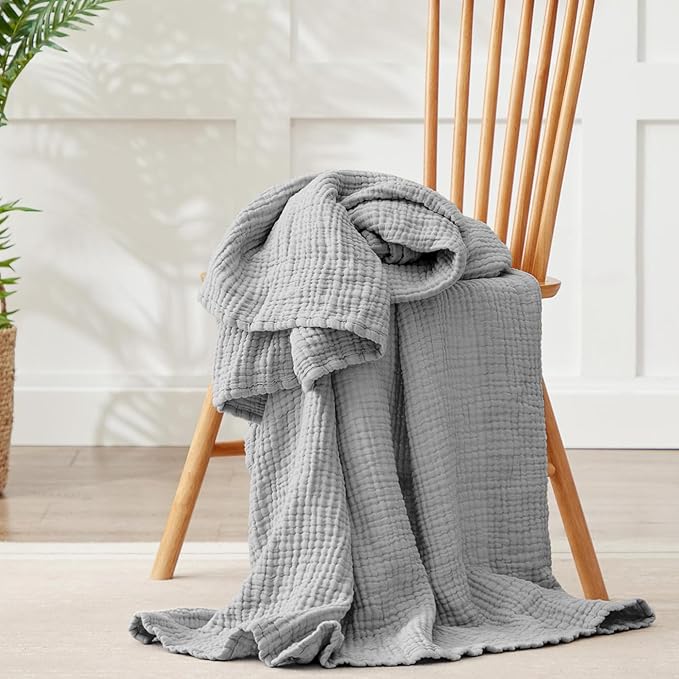 100% Cotton Muslin Blanket Twin 60" x 80", Breathable and Lightweight Cotton Twin Blankets for Couch, Soft Cooling Summer Gauze Blanket for Adults All Season, Light Grey