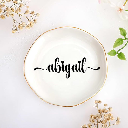 JoycuFF Abigail Personalized Name Ceramic Jewelry Tray, Mothers Day Christmas Anniversary Engagement Birthday Gifts for Women Couples, Trinket Dish for Rings Earrings Necklaces Bracelets Keys