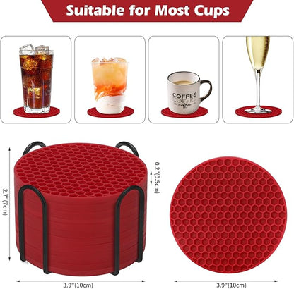 Silicone Coaster Set of 12 with Holder, Drinks Coasters, Beer & Coffee, Suitable for All Cups, Hot or Cold, Anti-Slip, Non-Stick, Anti-Overflow Tabletop Protection and Decor (12 Pcs, Wine Red)