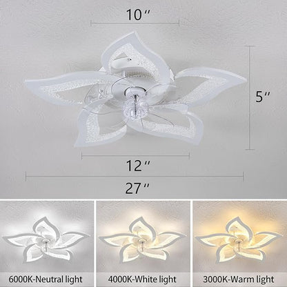 27" White Geometric Ceiling Fan with Light Remote Control, 3 Light Color 6 Speeds Flush Mount Low Profile Ceiling Fan with Light for Bedroom Kitchen
