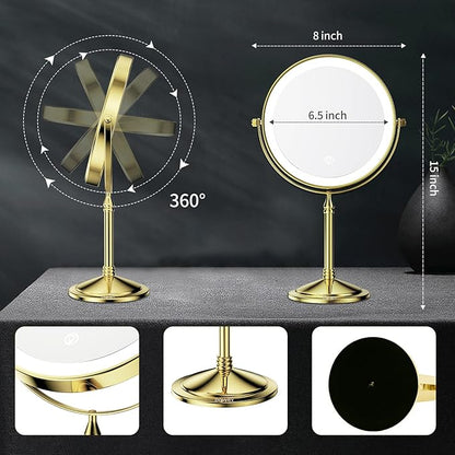 DOWRY 4000 mAh Rechargeable Lighted Makeup Mirror 10x Magnification Vanity Mirror Tabletop Two-Sided Swivel Gifts for Women Wife Mom Teengirls Gold Finish