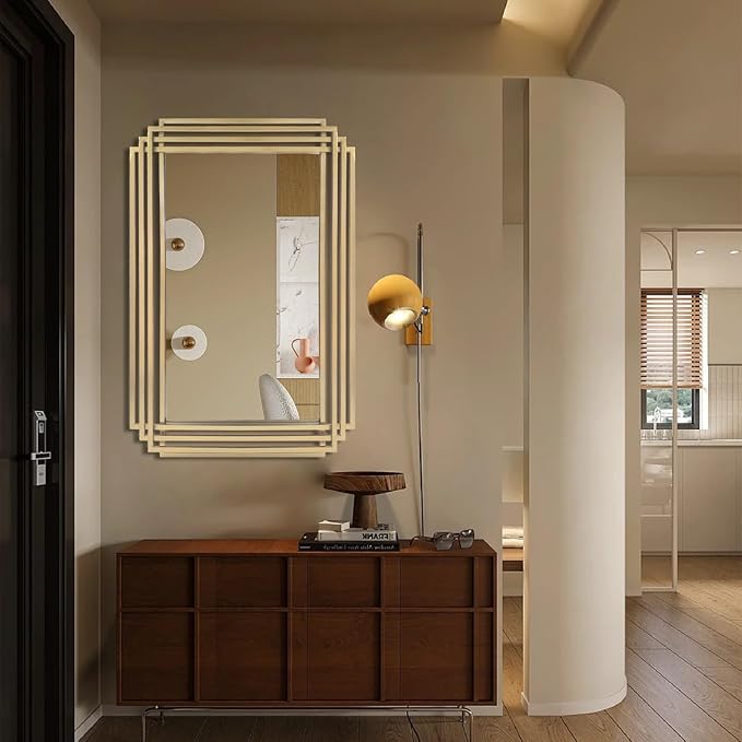 Gold Rectangle Mirror, 24"x36" Geometric Art Deco Mirror with Metal Frame, Modern Elegant Wall Mirrors for Living Room Bathroom Vanity Bedroom Entryway, Hangs Vertically or Horizontally