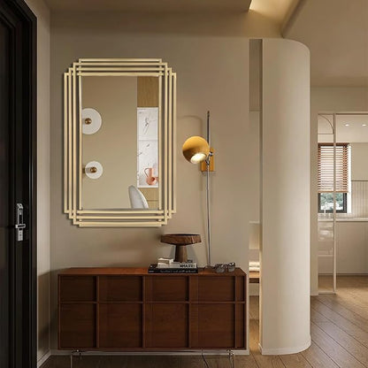 Gold Rectangle Mirror, 24"x36" Geometric Art Deco Mirror with Metal Frame, Modern Elegant Wall Mirrors for Living Room Bathroom Vanity Bedroom Entryway, Hangs Vertically or Horizontally
