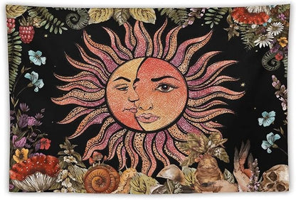 Vintage Sun Tapestry,Boho Hippie Mushroom Plant Botanical Sun and Moon Art Tapestries Wall Hanging for Dorm Living Room Bedroom Decor(60"x90")