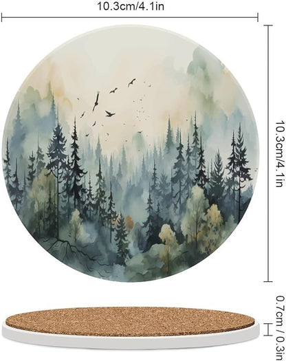 4PCS Forest Drink Coasters, Round Modern Ceramic Absorbent Coasters, Watercolor Style Nature Mountain Woodland Green Forest Flying Birds Decor Desk Coffee Table Coaster for Beverage Cup Tea Coasters