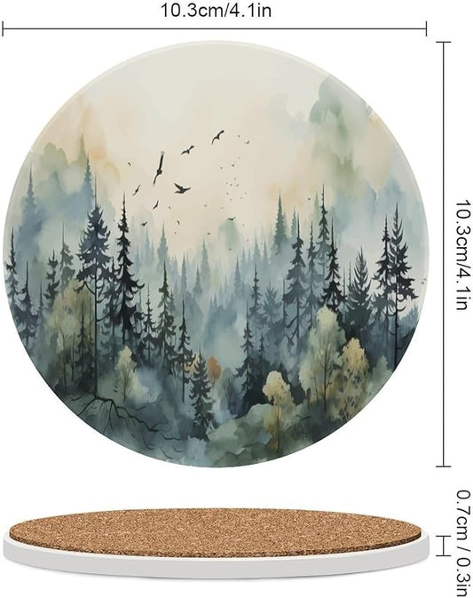 4PCS Forest Drink Coasters, Round Modern Ceramic Absorbent Coasters, Watercolor Style Nature Mountain Woodland Green Forest Flying Birds Decor Desk Coffee Table Coaster for Beverage Cup Tea Coasters