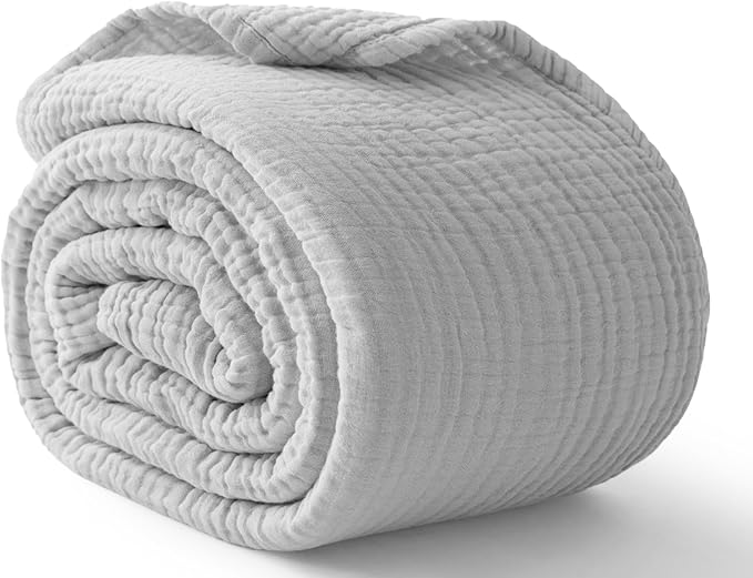 100% Cotton Muslin Blanket Large 50" x 70", Breathable and Lightweight Cotton Throw Blankets for Bed and Couch, Soft Cooling Summer Gauze Blanket for Adults All Season, Light Grey