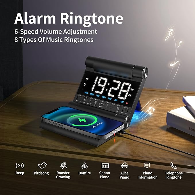 Alarm Clock with Wireless Charging for bedrooms, Heavy Sleepers, Travel, Teens, Digital Smart Desk Clock, Dual Alarms, 4 Level Brightness, Foldable Design,Build-in Battery