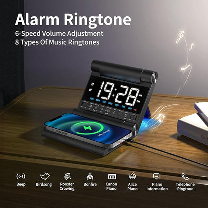 Alarm Clock with Wireless Charging for bedrooms, Heavy Sleepers, Travel, Teens, Digital Smart Desk Clock, Dual Alarms, 4 Level Brightness, Foldable Design,Build-in Battery