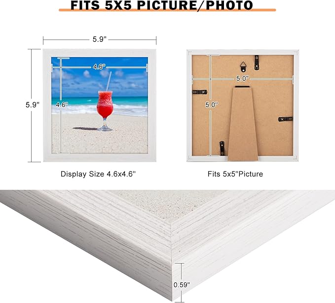 5x5 Picture Frame Rustic White, Distressed 5x5 Picture Frame, Pic Hanging Poster Frame, 5 by 5 Gallery Family Portrait Wall Photo Frame Horizontal and Vertical Display for Wall Hanging/Tabletop