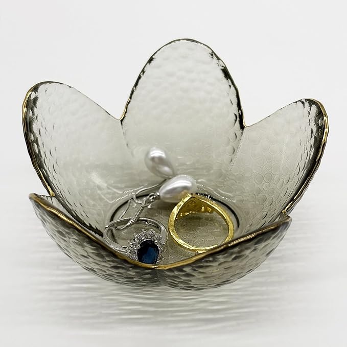 Flower Ring Dish Jewelry Tray, Glass Jewelry Dish Tray, Cute Room Decor Small Trinket Dish, Nightstand Jewlery Ring Holder, Bathroom Jewlery Plate Bowl for Earring Gift for Women (Smoky Black)