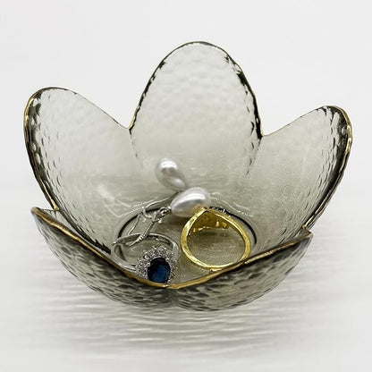 Flower Ring Dish Jewelry Tray, Glass Jewelry Dish Tray, Cute Room Decor Small Trinket Dish, Nightstand Jewlery Ring Holder, Bathroom Jewlery Plate Bowl for Earring Gift for Women (Smoky Black)