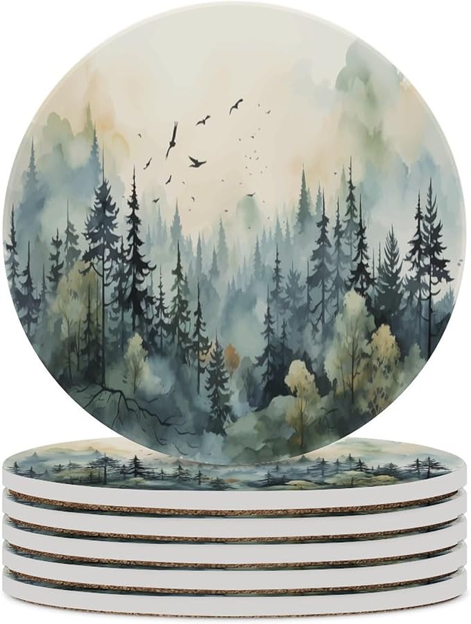 Forest Drink Coasters, Round Ceramic Drink Coaster Round-6PCS, Watercolor Style Nature Mountain Woodland Green Forest Flying Birds Decor Absorbent Ceramic Coasters for Beverage Cup, Bar, Coffee Table